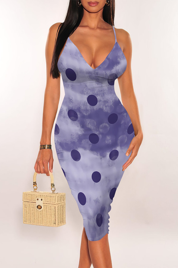 Purple Sexy Polka Dot Flowers Print Contrast V Neck Printed Dresses