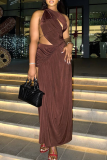 Black Sexy Solid Color Hollow Out Backless Slit O Neck Long Dresses