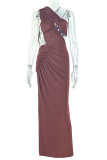 Black Sexy Solid Color Hollow Out Backless Slit O Neck Long Dresses