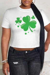 Light Green Casual Print Four Leaf Clover Shamrock Contrast O Neck T-Shirts