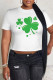 Light Green Casual Print Four Leaf Clover Shamrock Contrast O Neck T-Shirts