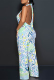 White Casual Geometric Print Pocket Lace Up Backless Halter Loose Jumpsuits