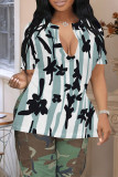 Khaki Casual Geometric Print Contrast V Neck T-Shirts