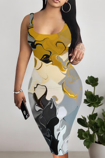 Black Gray Sexy Geometric Print Flowers Contrast U Neck Printed Dresses