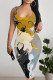 Black Gray Sexy Geometric Print Flowers Contrast U Neck Printed Dresses