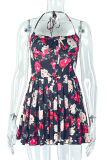 Black Rose Red Sexy Print Backless Halter A Line Dresses