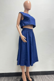 Blue Casual Solid Color Patchwork O Neck Short Sleeve Two Pieces