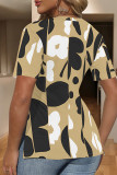 Khaki Casual Geometric Print Contrast V Neck T-Shirts
