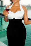Black White Sexy Backless Ruched Contrast Halter Long Dresses