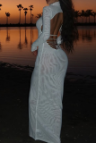 White Sexy Solid Color Backless Turtleneck Long Dresses