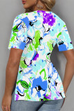 Khaki Casual Geometric Print Contrast V Neck T-Shirts