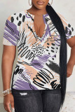 Khaki Casual Geometric Print Contrast V Neck T-Shirts
