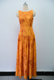 Orange Yellow Elegant Print Zipper O Neck Long Dresses