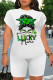 Multicolor Casual Letter Print Cartoon Four Leaf Clover O Neck Short Sleeve Two Pieces