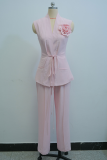 Pink Casual Solid Color Pocket Strap Design Flower Shape V Neck Sleeveless Two Pieces