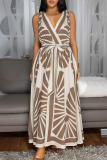 Green Casual Print Backless Strap Design V Neck Long Dresses