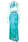 Green Elegant Print Backless Strap Design Halter Sleeveless Two Pieces