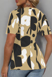 Khaki Casual Geometric Print Contrast V Neck T-Shirts