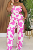 Pink Casual Print Pocket Backless Strapless Loose Jumpsuits