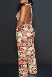 White Casual Geometric Print Pocket Lace Up Backless Halter Loose Jumpsuits