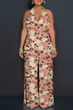 White Casual Geometric Print Pocket Lace Up Backless Halter Loose Jumpsuits