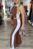 Brown Casual Solid Color Zipper Contrast Turndown Collar Sleeveless Two Pieces