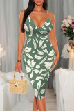 Green Sexy Floral Print Contrast V Neck Printed Dresses