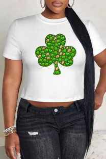 White Casual Print Four Leaf Clover Shamrock Contrast O Neck T-Shirts