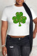 White Casual Print Four Leaf Clover Shamrock Contrast O Neck T-Shirts