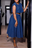 Blue Casual Solid Color Patchwork O Neck Short Sleeve Two Pieces