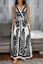 Black Casual Print Backless Strap Design V Neck Long Dresses