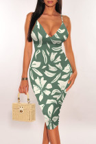 Green Sexy Floral Print Contrast V Neck Printed Dresses