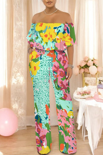 Turquoise Sexy Floral Print Pocket Flounce Off Shoulder Loose Jumpsuits
