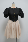 Black Apricot Casual Pocket Buckle O Neck Princess Dresses