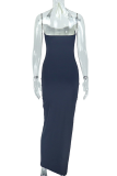 Black White Sexy Backless Ruched Contrast Halter Long Dresses