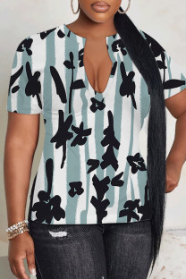 Cyanine Casual Geometric Print Contrast V Neck T-Shirts