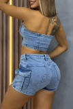 Blue Sexy Solid Color Pocket Zipper Strapless Sleeveless Two Pieces