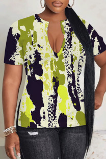 Light Green Casual Geometric Print Contrast V Neck T-Shirts