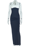 Black White Sexy Backless Ruched Contrast Halter Long Dresses