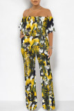 Light Pink Sexy Floral Print Pocket Flounce Off Shoulder Loose Jumpsuits