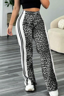 Black Casual Leopard Print Patchwork Loose Mid Waist Conventional Full Print Bottoms