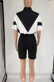 Red Casual Zipper Contrast Zipper Collar Short Sleeve Two Pieces