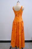 Orange Yellow Elegant Print Zipper O Neck Long Dresses