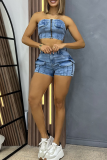 Blue Sexy Solid Color Pocket Zipper Strapless Sleeveless Two Pieces