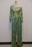 Green Casual Print Pleated Oblique Collar Long Sleeve Two Pieces