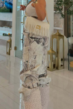 Light Blue Casual Print Draw String Loose Mid Waist Conventional Full Print Bottoms