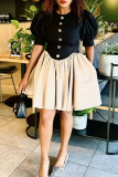 Black Apricot Casual Pocket Buckle O Neck Princess Dresses