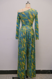 Green Casual Print Pleated Oblique Collar Long Sleeve Two Pieces