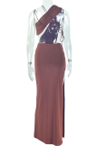 Black Sexy Solid Color Hollow Out Backless Slit O Neck Long Dresses