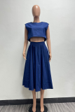 Blue Casual Solid Color Patchwork O Neck Short Sleeve Two Pieces